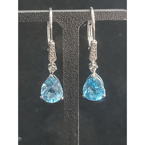 925 Sterling Silver P Star M 3Ct Pear Blue Topaz & Diamond Accent Drop‎ Earrings - Picture 1 of 3